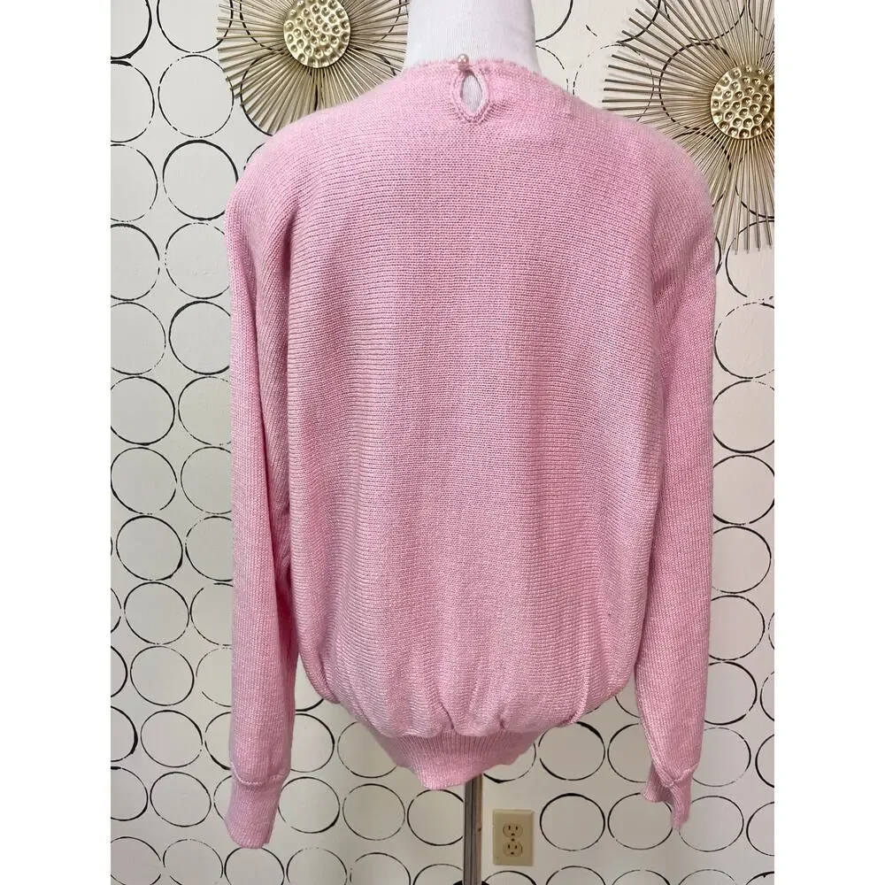 VTG Jaclyn Smith Womens Knit Sweater M Pastel Pink Beaded Coquette Floral Dainty - Picture 4 of 16